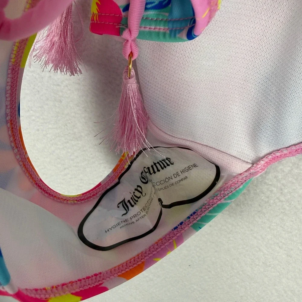 NEW Juicy Couture 2 Piece Swimsuit Kids 12 Pink Colorful Floral Tassel Bikini